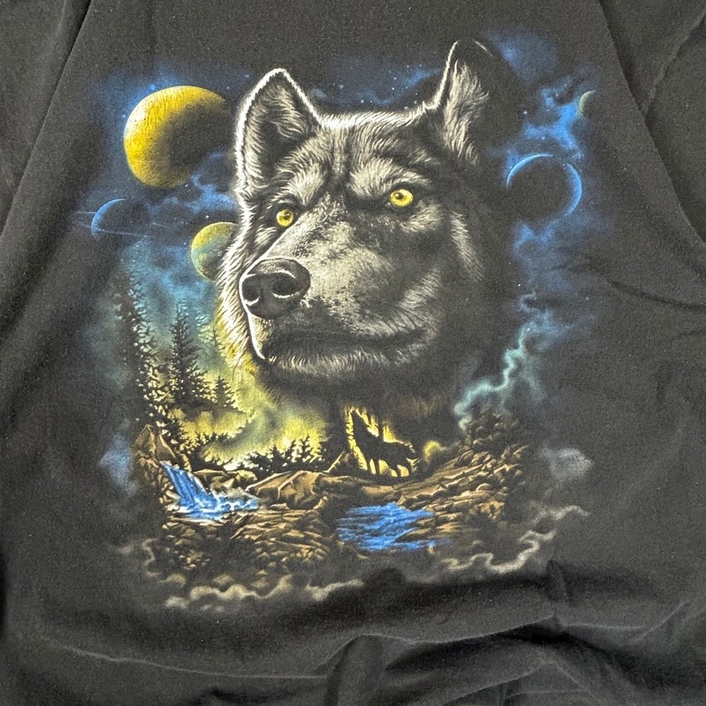 Mens DOM Wolf Graphic T-Shirt Black XL Nature Moon Forest Tee Faded - Picture 2 of 7